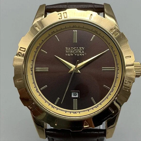 Badgley Mischka Mens Watch 44mm Brown Dial Date Gold Tone Leather Band