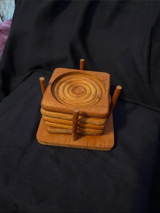 Five Wooden Coasters and Stand