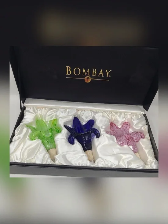 Bombay Hand-Blown Glass Flower Bottle Stoppers — Green, Blue, Pink