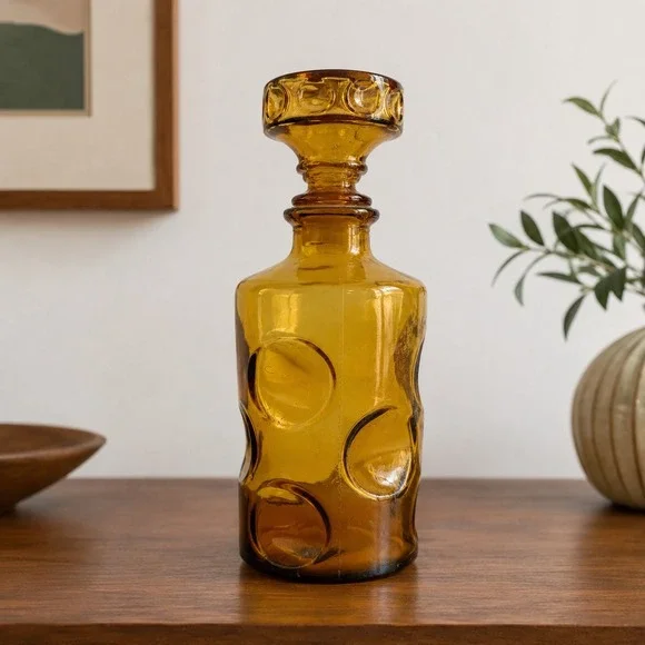 Vintage Empoli Amber Embossed Circle Glass Decanter Original Stopper Italy