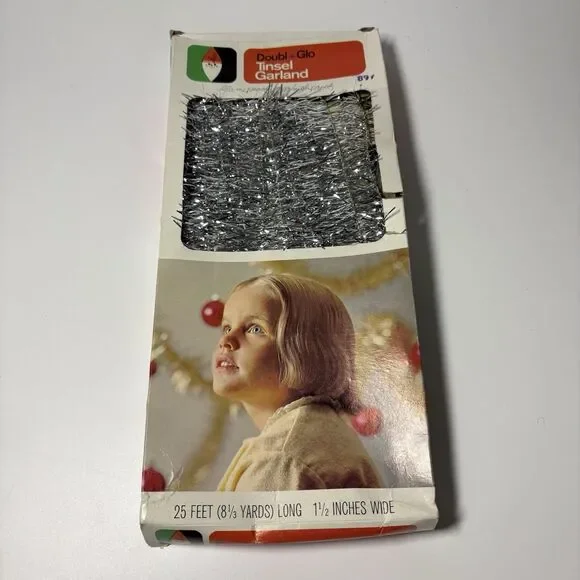 Vintage 1960's MCM Retro Silver Tinsel Christmas Tree Garland 25 Feet NOS