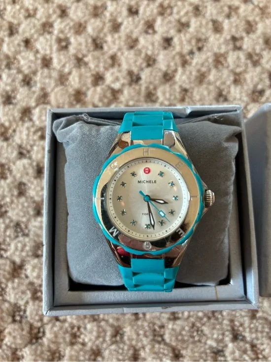 Michele Turquoise Silicone Strap Watch with Mother-of-Pearl Dial