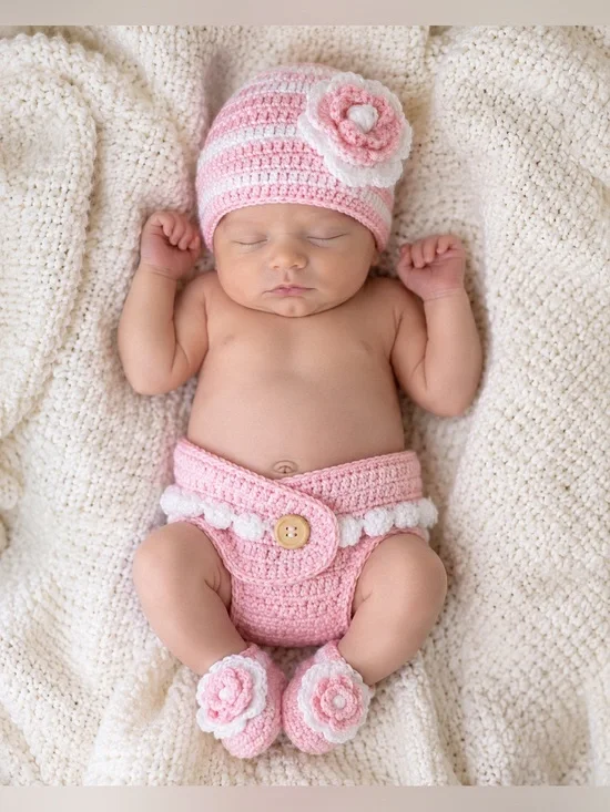 So’Dorable Baby Girl Crochet Hat Diaper Cover Booties Set Pink 0-6M 3 Pc NWT