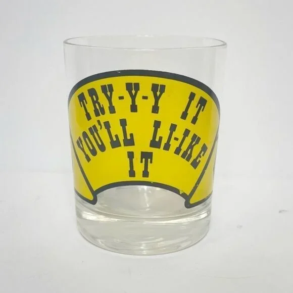 Try-Y-Y It Youll Like It Vintage Yellow Bar Glass Tumbler 80s Collectible