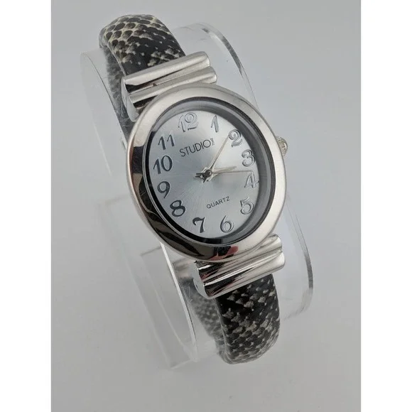 Studio Time Womens Watch 24mm Silver Tone Snake Print Leather Band- New Battery‎