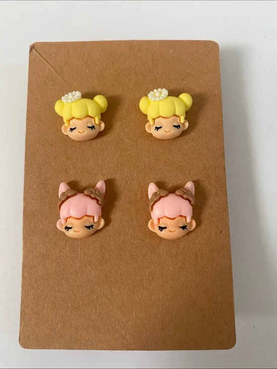 Kids Cute Character Stud Earring Set - Yellow & Pink
