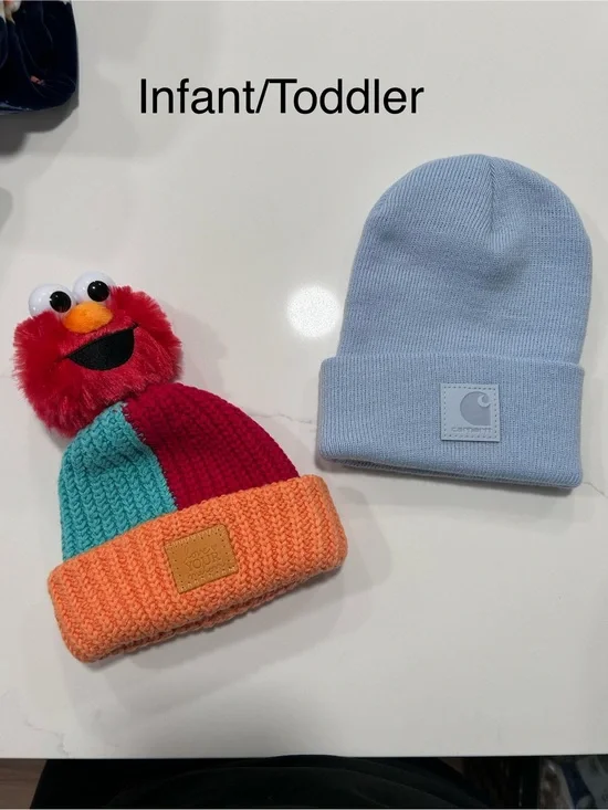 Carhartt Light Blue Beanie & Colorblock Orange Teal Red Pom Hat Set
