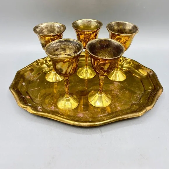Vintage‎ Brass Liqueur Shot Glasses Set with Octagon Serving Tray Made in India