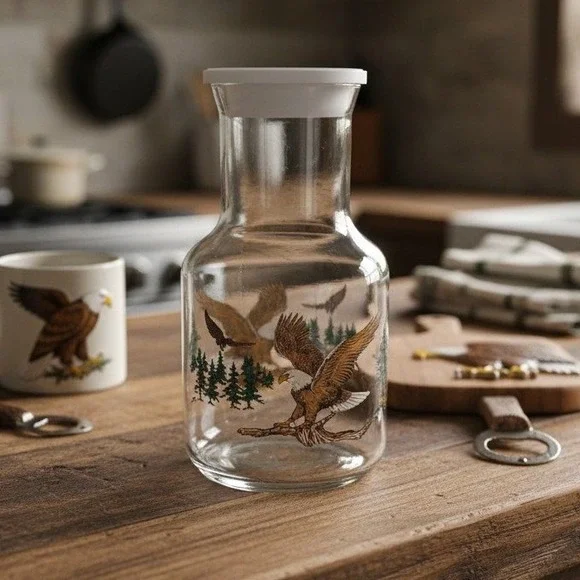 Clear‎ Glass Jar With Eagle Design, Vintage Lidded Kitchen Canister, Home Accent