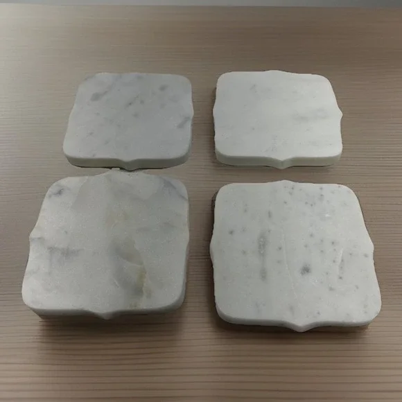 Vintage Set of 4 White Marble Coasters Scalloped Edges‎ Square Drink Holder