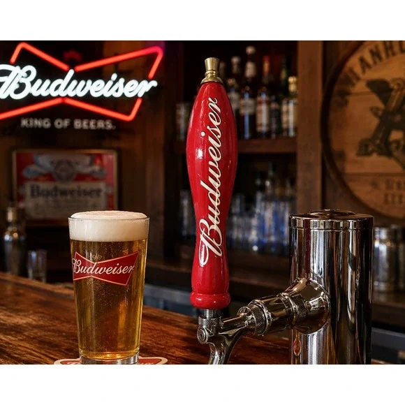 Budweiser Wooden Beer Tap Handle Red Draft Faucet Knob Bar Sign 10.5