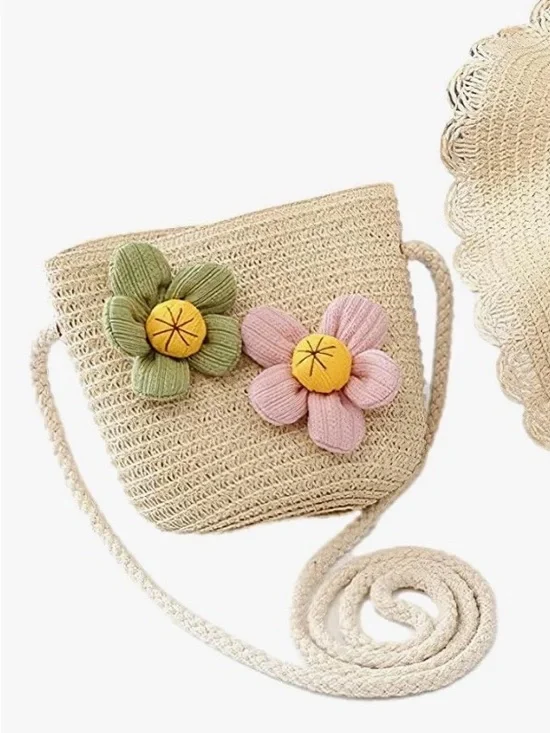 Woven Straw Crossbody Bag with Pink & Green Flower Appliqués