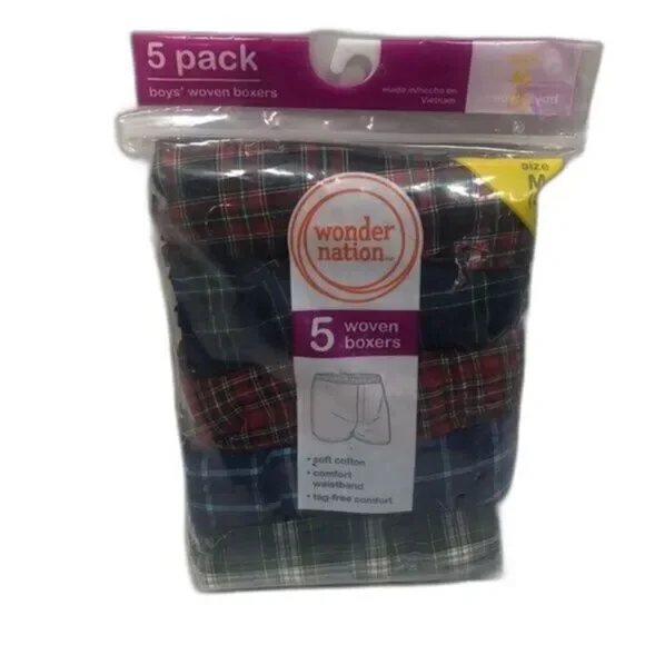 Wonder Nation Boys Woven Boxers 5 Pack Underwear Size Medium (8) Plaid‎