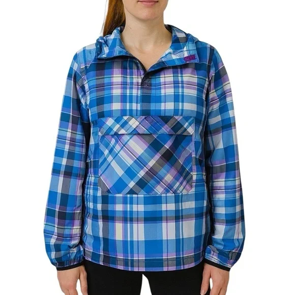 Nike Small Pullover Windbreaker Hooded Blue Plaid Lightweight