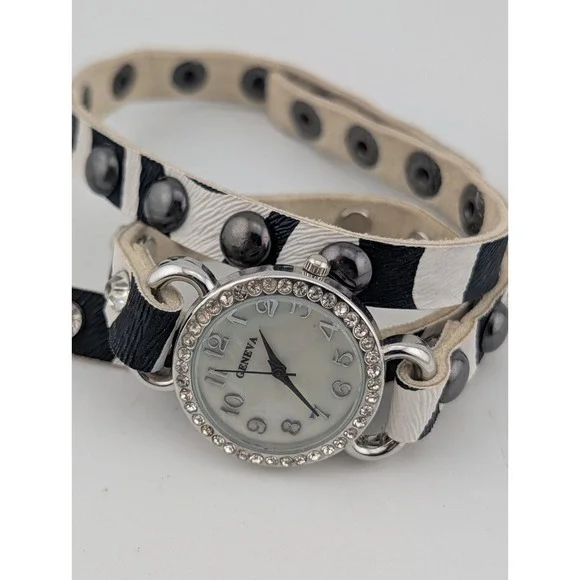 Geneva Zebra Wrap Watch 28mm Case Crystal Bezel MOP Dial- New Battery