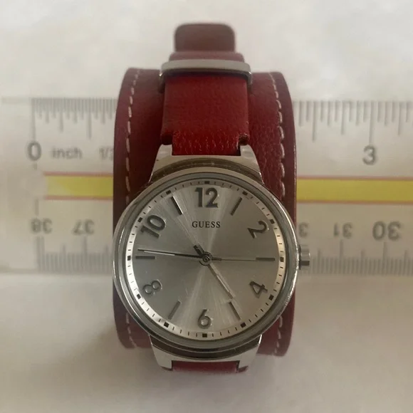 GUESS Red Leather Silver Tone Wrist Watch $130 EUC