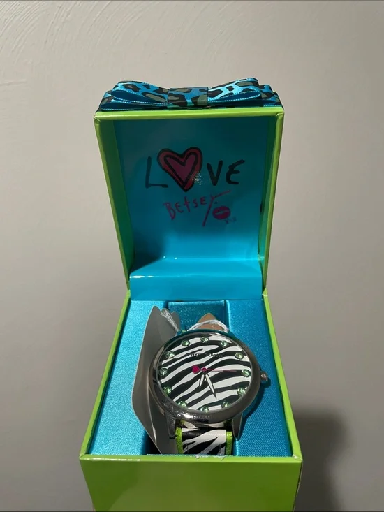 Betsey Johnson watch zebra rhinestones black white green pink leather