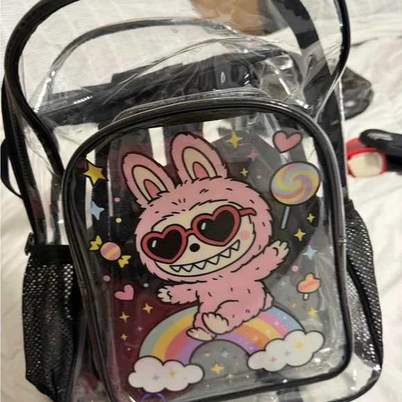Pink Bunny Clear Mini Backpack with Rainbow Graphic