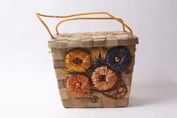 70s Jamaica Vintage Woven Straw Tote Handbag with Floral Decor ~ 260214-WH 984