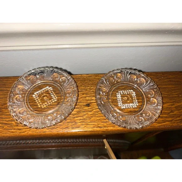Vintage Clear Pressed Glass Coasters Set of 2 Victorian Scroll Beaded Design