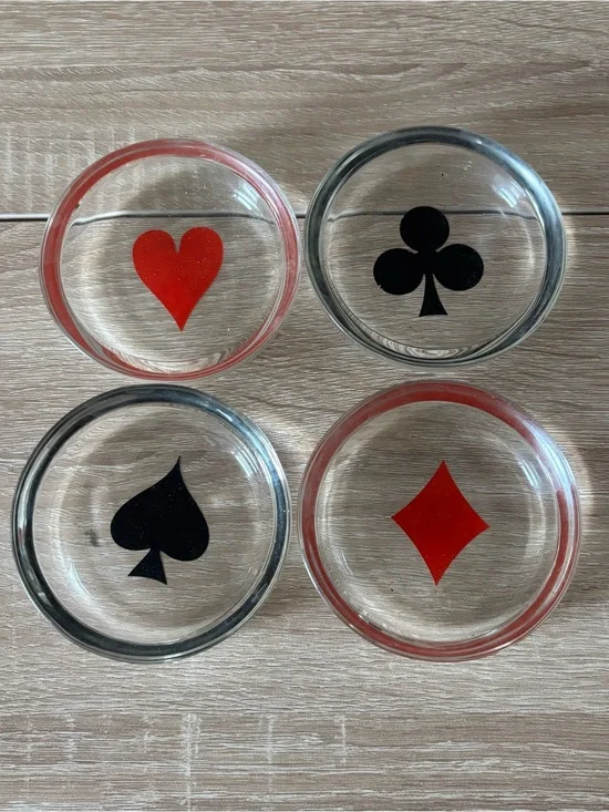 Set of 4 - Vintage Glass Coasters with Card Suit Designs - Red & Black