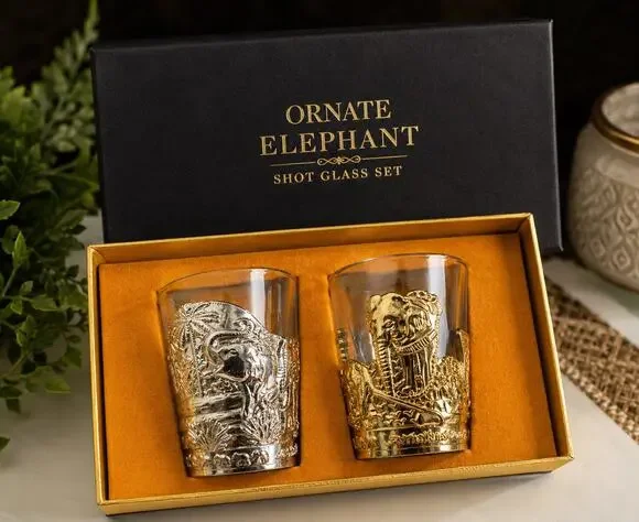 Ornate Elephant Shot Glass Set – Gold & Silver Toned – NIB Collectible Gift