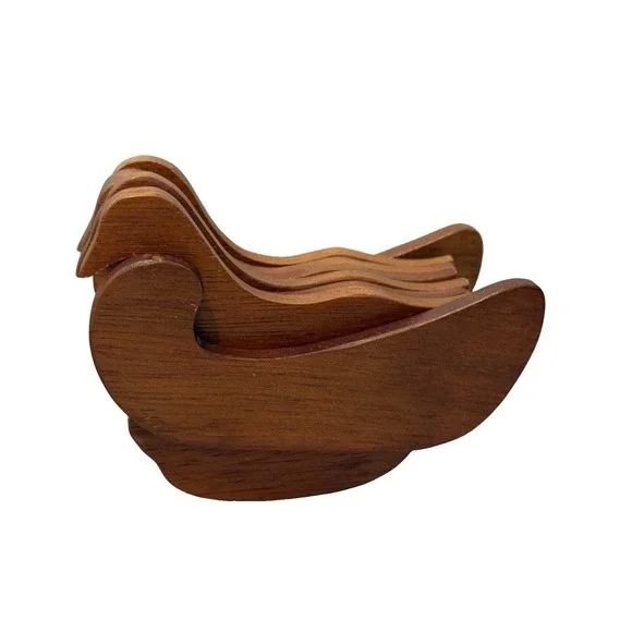 Vintage Wood Cork Chicken Ducks Geese Coaster Set Of 6 With Rack Holder *Flaw