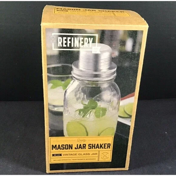 Refinery Classic Mason Jar Cocktail Shaker Glass Jar Martini Clear 32 oz NEW