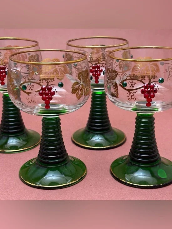 Vintage German Set of 4 Romer Wine Glasses Swarovski Crystal and Gold Leaf Grape