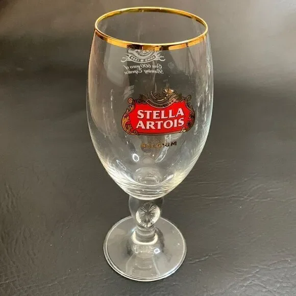 Stella Artois Belgium Draft Beer Glass Ale Lager 16 Ounces Red Gold Trimmed Bar