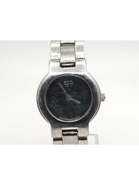 ESQ Quartz Womens Watch New Battery Silver Tone Black Dial 24mm