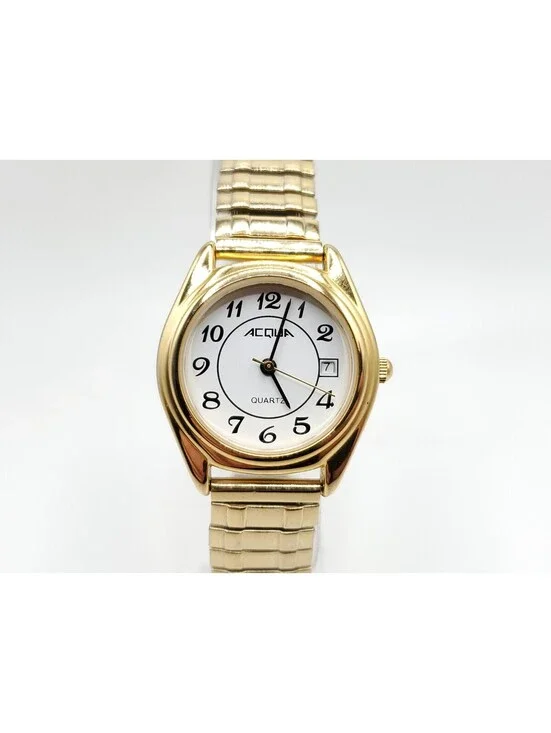 Acqua By Timex Gld Tone Expandable Band White Date Dial Women Watch New Battery