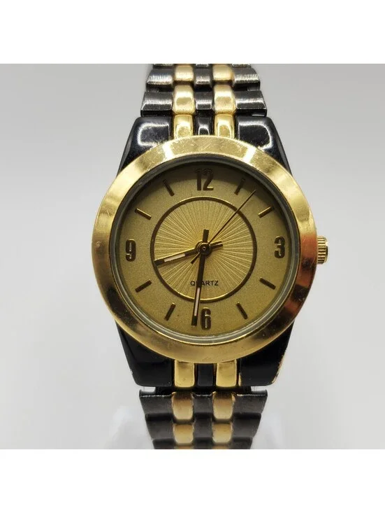 Quartz Watch Women Black/Gold 26mm Stretch Band Tone New Battery