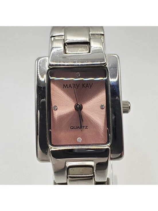Mary Kay Pink Dial Rectangle Womens Watch 20mm Silver Tone New Battery