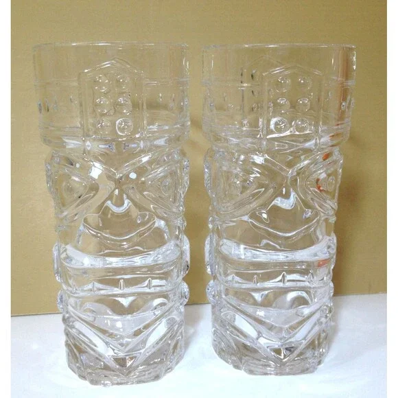 2 Vintage FORUM Clear Tall Glass TIKI Luau Drinking Glasses Double Faced