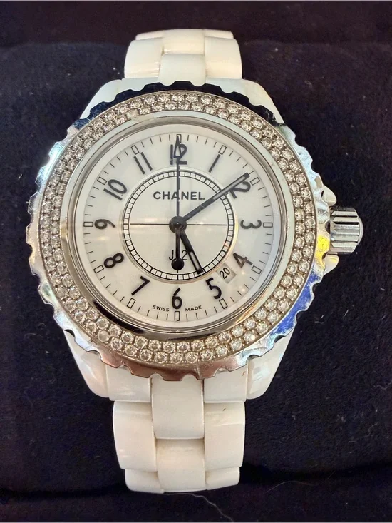 CHANEL White Ceramic Diamond Bezel J12-Style Watch