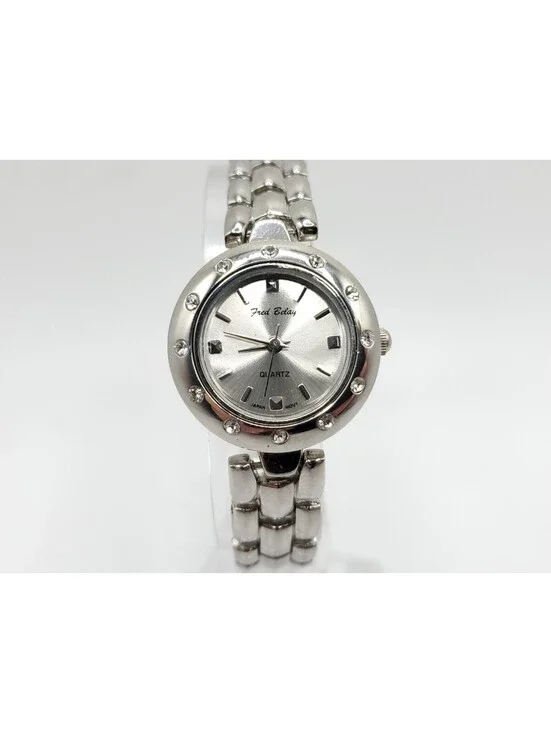 Fred Belay Quartz Rhinestone Bezel Silver Tone Women Watch New Battery 26mm