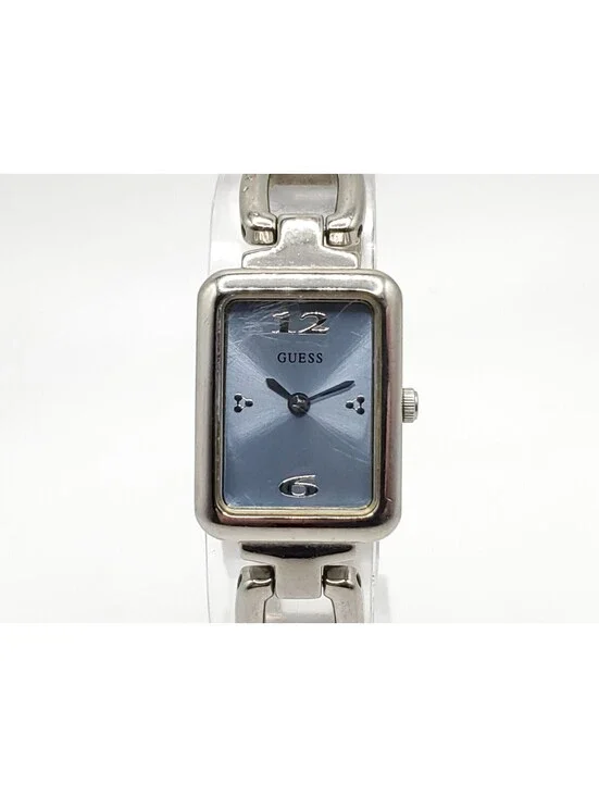 Guess Silver Tone Blue Dial Quartz Women Watch New Battery Rectangle 17mm