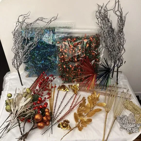Vintage Christmas Ornaments Decorations Lot Birch Branches Sprays Foils Tinsel