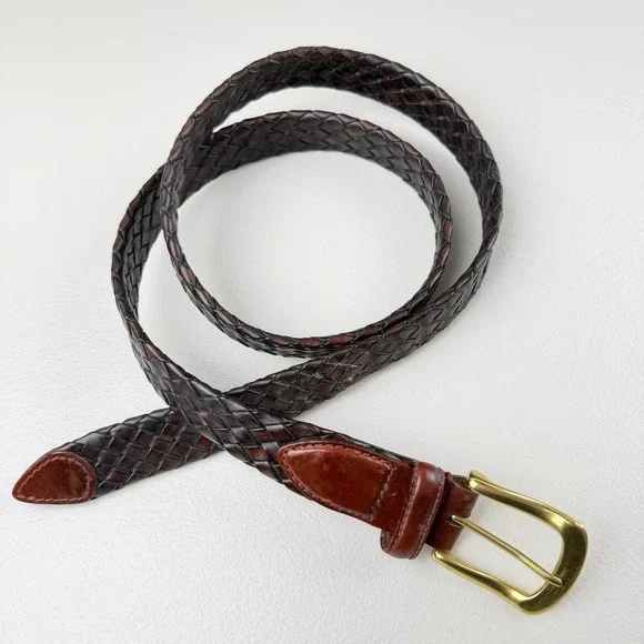 Brown Braided Leather Belt Solid Brass Buckle Woven 38 Mens Classic Mahogany‎