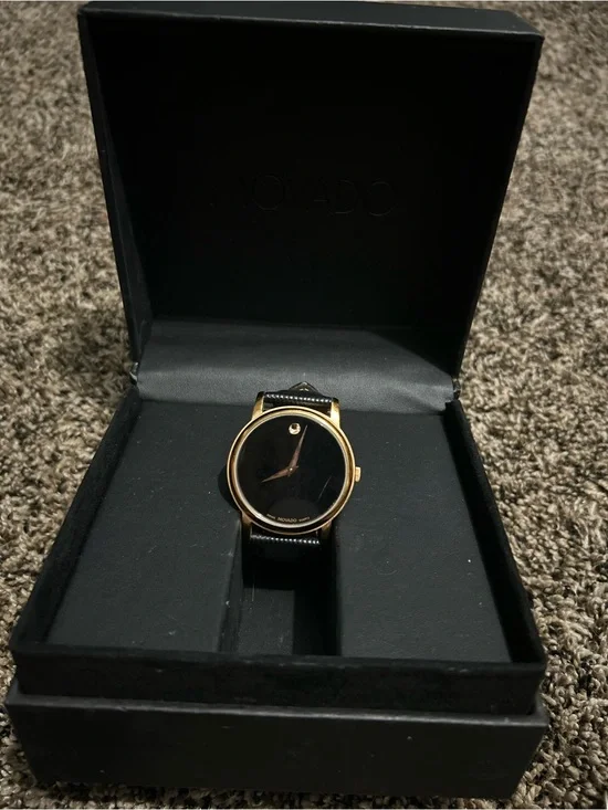 Authentic Movado Black Dial Rose Gold-Tone Case Leather Strap Unisex Watch