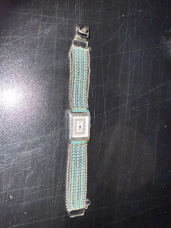 Vintage Kirks Folly Silver Watch with Turquoise Beaded Strap