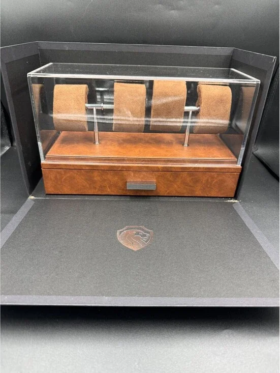 ROTHWELL 4 Slot Leather Watch Box with Valet Drawer - Luxury Case Display Brown