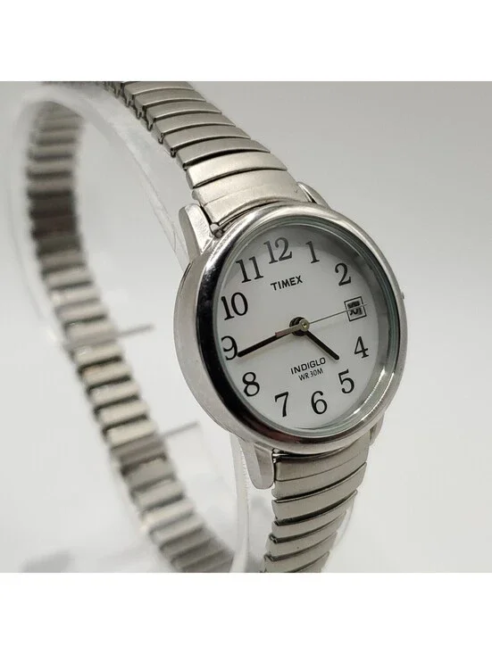 Timex Indiglo White Date Dial Womens Watch 25mm Silver Stretch Band New Battery