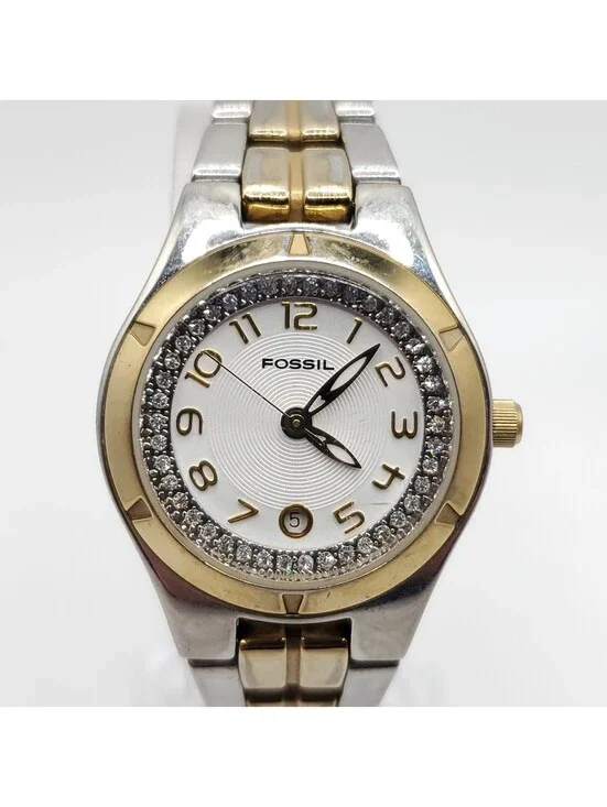 Fossil Watch Women New Battery 28mm Two-Tone Date Dial ES-1741