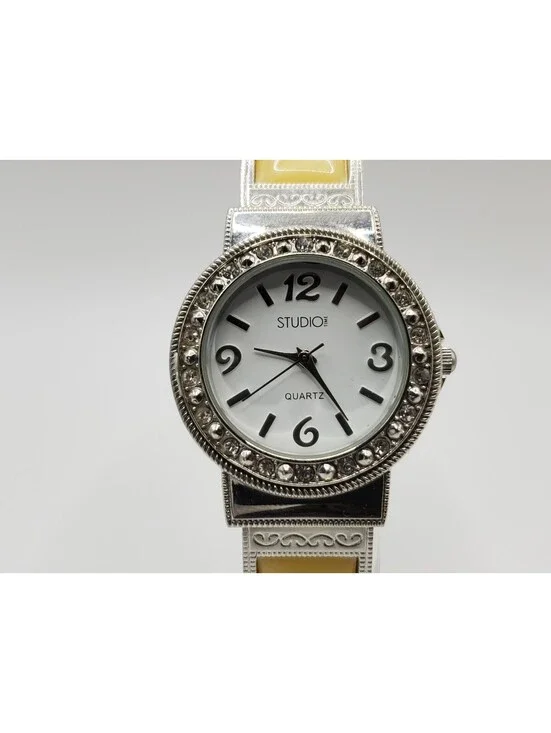 Studio Cuff Band Watch Women White Dial Yellow Stone New Battery