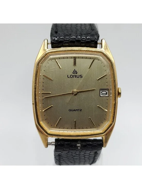 Lorus Watch Women New Battery Gold Tone Date Dial Black Leather Band 23mm READ