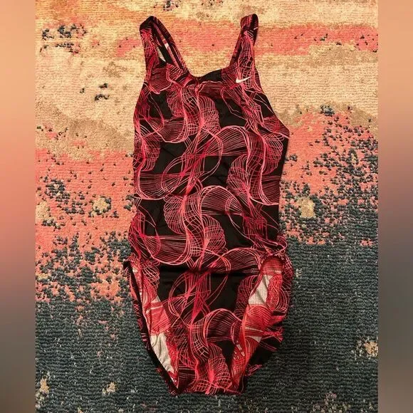 Nike Red and Black Swirl One-Piece Swimsuit