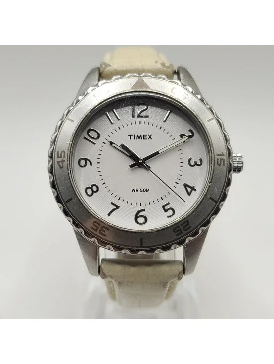 Timex Quartz Womens White Band Watch 35mm New Battery