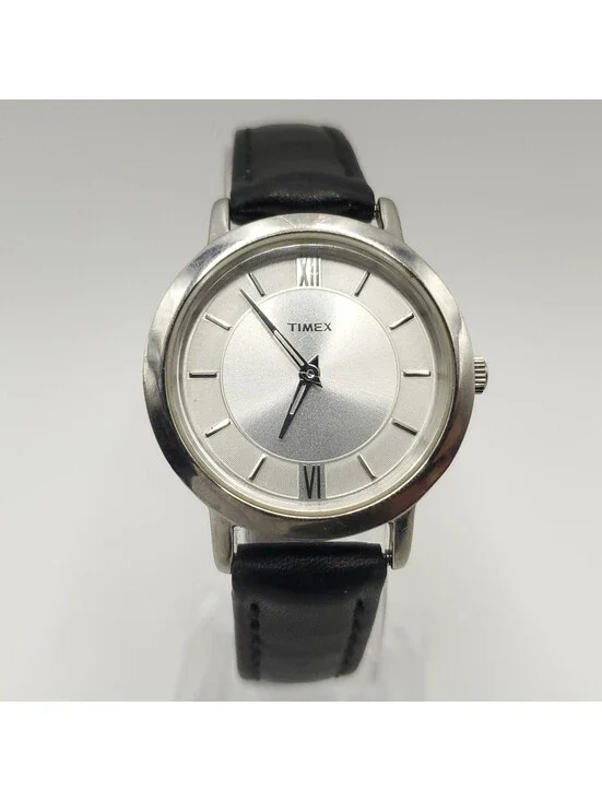 Timex Quartz Womens Watch 29mm Silver Tone Black Leather Band New Battery